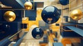 abstract background of 3D photorealistic gloss spheres and cuboid shapes in blue and yellow colors, neural network