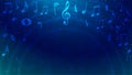 Vector Abstract Dark Blue Green Gradient Background with Falling Blurry Music Notes Frame and Particles Royalty Free Stock Photo