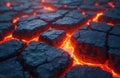 Abstract background of dark cracked rocks with bright orange lava glowing underneath. Molten magma flows between solid chunks Royalty Free Stock Photo