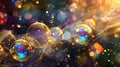 Abstract background with dark glossy rainbow colored bubbles on black, floating and flying bubbles with golden flashes Royalty Free Stock Photo