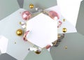 Abstract background decorated with blank hexagon frame, feathers, pearls and crystal elements