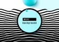 Abstract background design with stripe wavy surface black and white lines, blue sphere shape, circle, frame. 3d optical