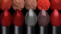 Abstract background of different lipstick and lip tones. Comparison of colors and tones of cosmetics
