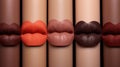 Abstract background of different lipstick and lip tones. Comparison of colors and tones of cosmetics