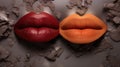 Abstract background of different lipstick and lip tones. Comparison of colors and tones of cosmetics