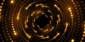 Abstract background of digital swirling circles. Futuristic vortex pattern of glowing golden hexagonal dots. Vector illustration