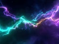 Abstract background with dynamic neon energy bolts cracking through a dark void, featuring multiple streaks of lightning in Royalty Free Stock Photo