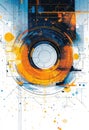 Abstract background with dynamic technical elements in blue and orange tones creating a futuristic digital interface
