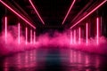 abstract background of empty dark industrial room with pink neon lights and fog, creating mysterious and vibrant atmosphere