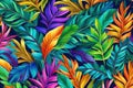 Abstract background with exotic tropical leaves. Bright fantastic beautiful natural pattern