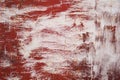 Faded from time and weather painted white on a red primer metal surface with cracks, stains and rust. Background, structure. Royalty Free Stock Photo