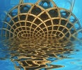Abstract background, fantastic 3D gold structures reflected in water