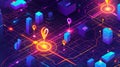 An abstract background featuring a colorful array of shapes in an isometric GPS tracking map design. Digital art with