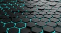 Abstract background of dark hexagonal tiles with glowing blue edges, representing digital network and cybersecurity concepts Royalty Free Stock Photo