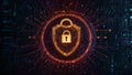 An abstract background featuring a glowing cyber lock surrounded by swirling lines of code and data