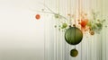 Abstract background featuring hanging spheres, vertical lines, and delicate tendrils, creating a visually captivating