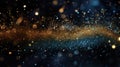 Abstract background featuring sparkling golden glitter over a dark blue bokeh effect, evoking a magical night sky. Royalty Free Stock Photo