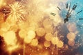 Abstract background with fireworks and clock close to midnight Royalty Free Stock Photo