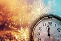 Abstract background with fireworks and clock close to midnight Royalty Free Stock Photo