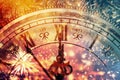 Abstract background with fireworks and clock close to midnight Royalty Free Stock Photo