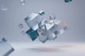Abstract background with floating 3d geometric cubes, some metallic, some translucent, reflecting light in a clean modern space Royalty Free Stock Photo