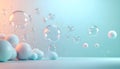 Abstract Background with Floating Transparent Speech Bubbles, Water Droplets, and Smooth Spheres in a Vibrant Gradient of Soft Royalty Free Stock Photo