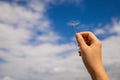 Abstract background with fluffy dandelion seed. Big dandelion seed in hands Royalty Free Stock Photo