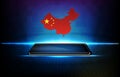 background of futuristic technology. glowing smart mobile phone with red china maps