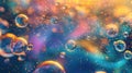 Abstract background with glossy rainbow colored bubbles on blue and lilac, floating and flying bubbles with golden sunny Royalty Free Stock Photo