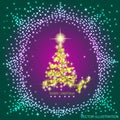 Abstract background with gold christmas tree and stars. Illustration in lilac,gold and green colors.Vector illustration. Royalty Free Stock Photo