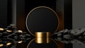 Abstract background with golden cylinder podium for product presentatio surrounded by black rock cobblestons. Modern minimal