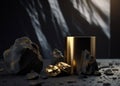 Abstract background with golden cylinder podium for product presentatio surrounded by black rock cobblestons and golden nuggets.