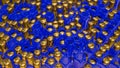 Abstract background of golden cylinders sticking out of blue cubes with holes. 3d render illustration Royalty Free Stock Photo