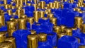 Abstract background of golden cylinders sticking out of blue cubes with holes. 3d render illustration Royalty Free Stock Photo