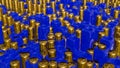 Abstract background of golden cylinders sticking out of blue cubes with holes. 3d render illustration Royalty Free Stock Photo