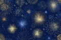 Abstract background with golden fireworks and bokeh lights on a blue background. Royalty Free Stock Photo