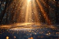 Abstract background with golden glitter and bokeh lights, sun rays shining through the dust particles on an empty table surfa Royalty Free Stock Photo