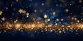 Abstract background with golden stars and luminescent sparkles on dark sky background. Royalty Free Stock Photo