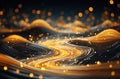 Abstract background with golden waves and lights, AI