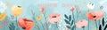 Abstract background with hand drawn spring flowers in pastel colors and trendy typography on pastel blue banner