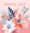 Abstract background with hand drawn spring flowers in pastel colors and trendy typography on pastel pink Mothers day