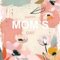 Abstract background with hand drawn spring flowers in pastel colors and trendy typography on pastel pink Mothers day