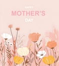 Abstract background with hand drawn spring flowers in pastel colors and trendy typography on pastel pink Mothers day