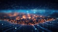 Abstract background of high speed global data transfer and super fast broadband in futuristic tech city at night