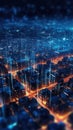 Abstract background of high speed global data transfer and super fast broadband in futuristic tech city at night