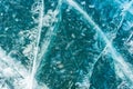 The natural texture of winter ice with white bubbles and cracks on a frozen lake. Abstract background of ice and cracks on the Royalty Free Stock Photo