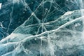 The natural texture of winter ice with white bubbles and cracks on a frozen lake. Abstract background of ice and cracks on the Royalty Free Stock Photo