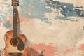 Abstract background illustration of a acoustic guitar with grunge noise and colorful texture. Music industry theme. Generative AI