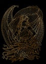 Graphic textured illustration with fantasy asian dragon and warrior