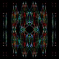 Abstract background, illustration. Complex overlay of curved lines with different colors on black background. Symmetrical.